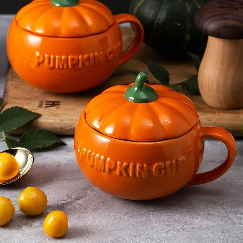 Tasse Citrouille En Céramique Avec Couvercle Et Cuillère - Ensemble Automne Mignon