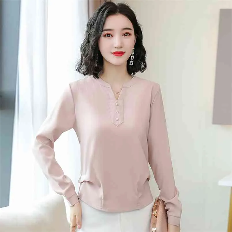 Korean Chiffon Women Blouses Office Lady Satin Long Sleeve Shirt V Neck Solid Tops Plus Size 210531