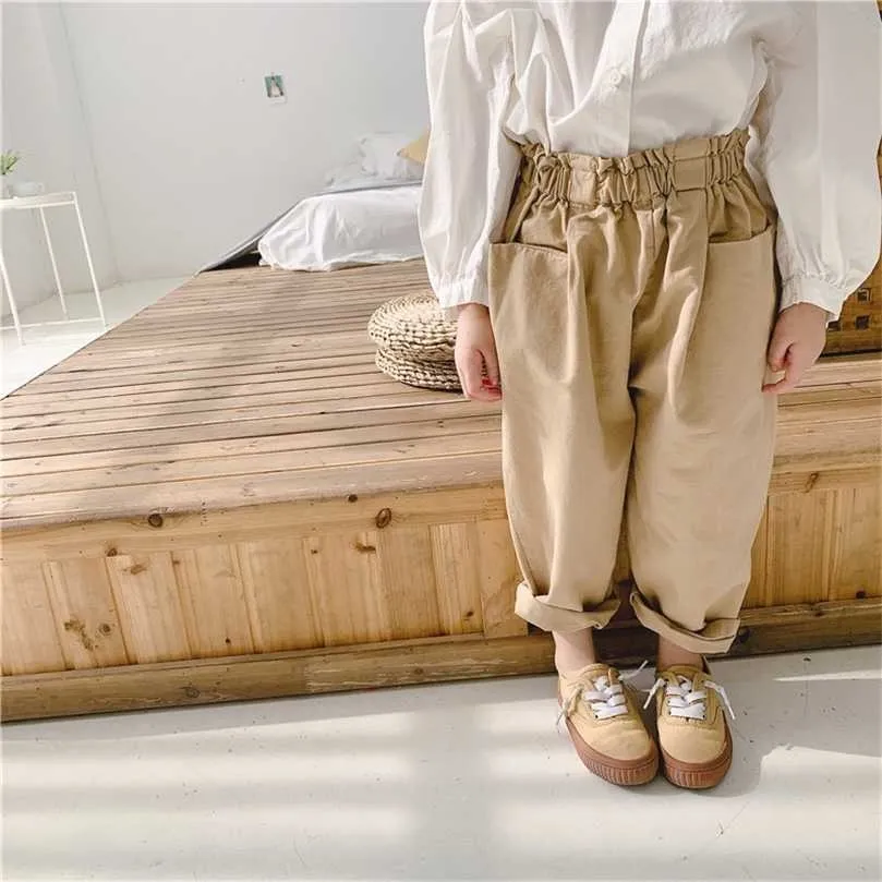 Spring Autumn korean style girls harem pants kids cotton pockets casual trousers 211103