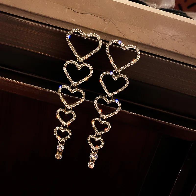 Pendientes de gota de cristal de aro de tassel largo para mujeres Lustre Shiny Hear Rhinestone Dedge Weddings Bride Jewelry Regalos