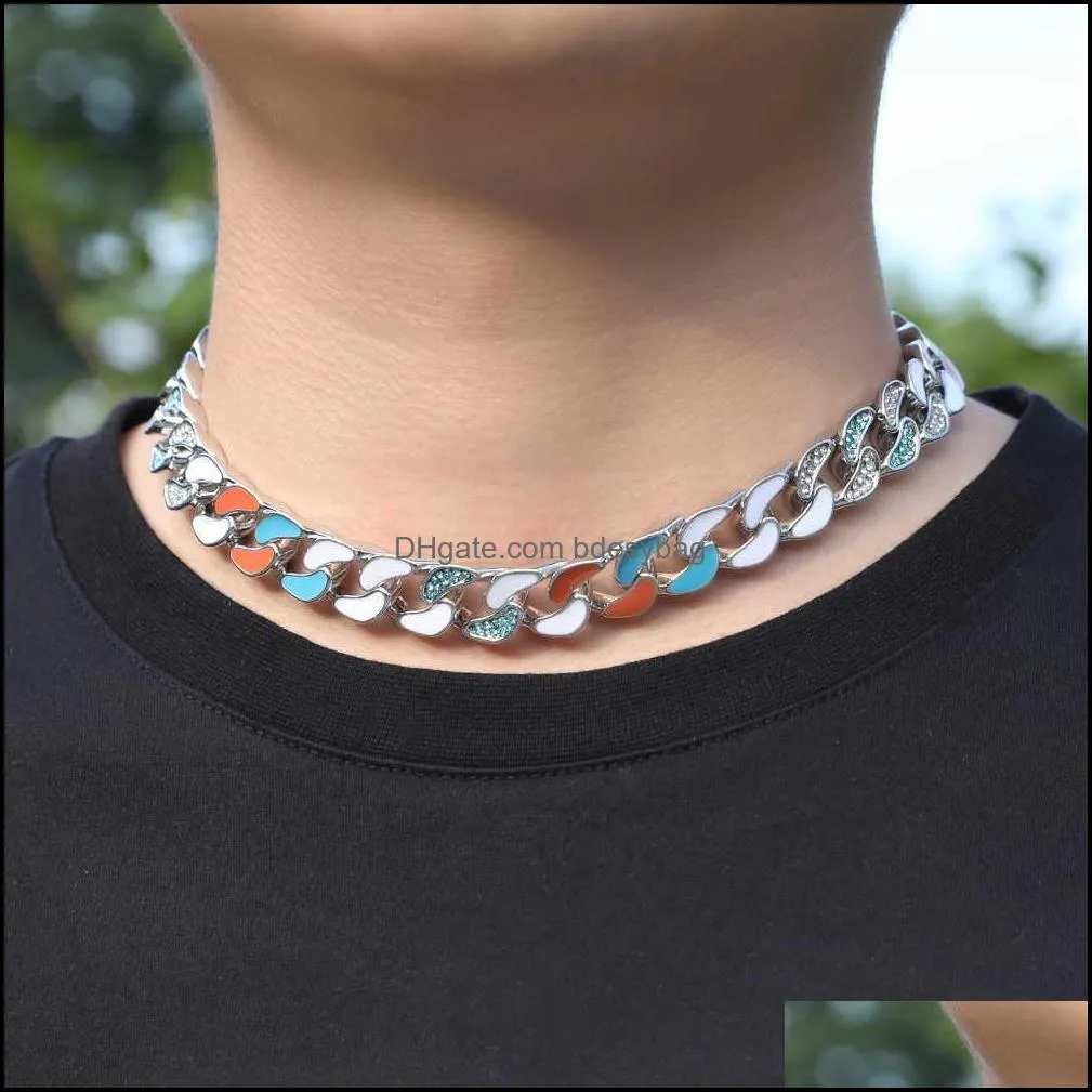 New Alloy Diamond Cuban Chain Necklace European and American Hip Hop Tide Brand Mixed Color Mens