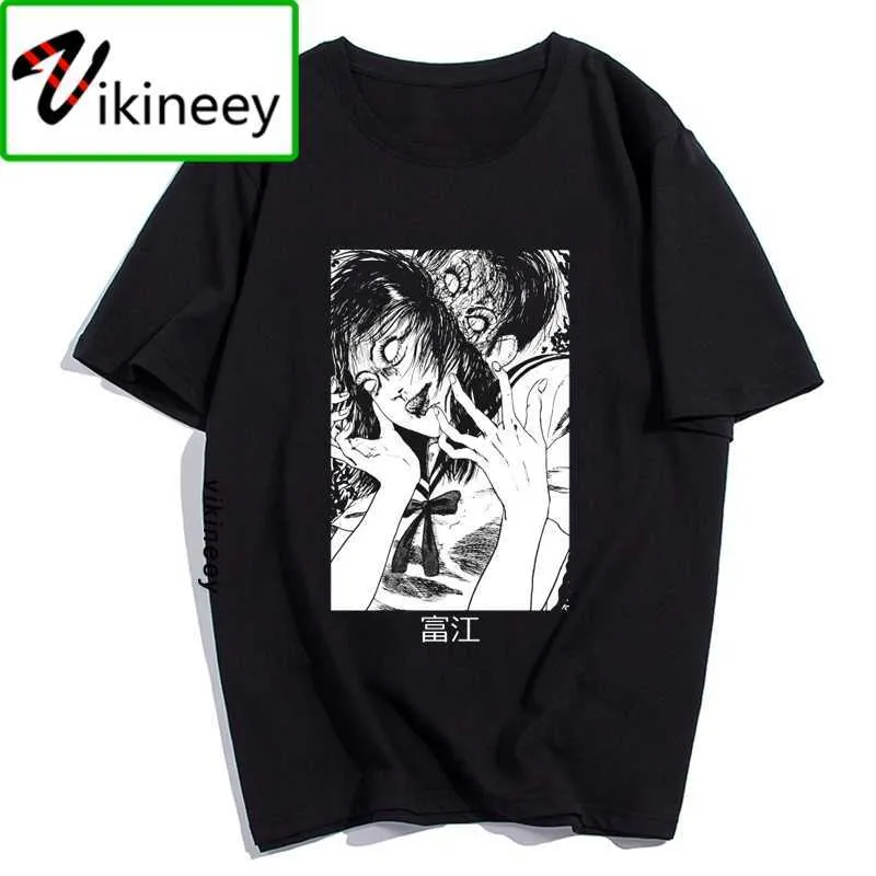 Abbigliamento da uomo Junji Ito Stampa T-shirt da uomo Harajuku Short Streetwear Estetica Anime Camicia in cotone Maglietta nera 210629
