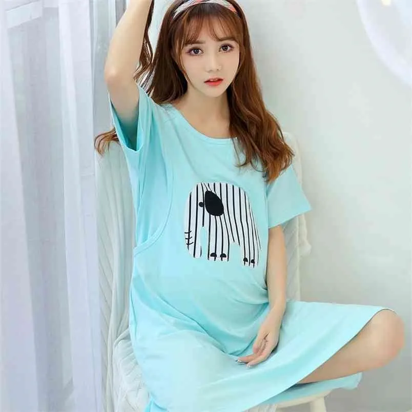 Maternity pyjamas amning Nightgowns Sommar Kortärmad Sleepwear Nightie Mödrar Nattkläder Gravid Animal Nursing Dress 210918