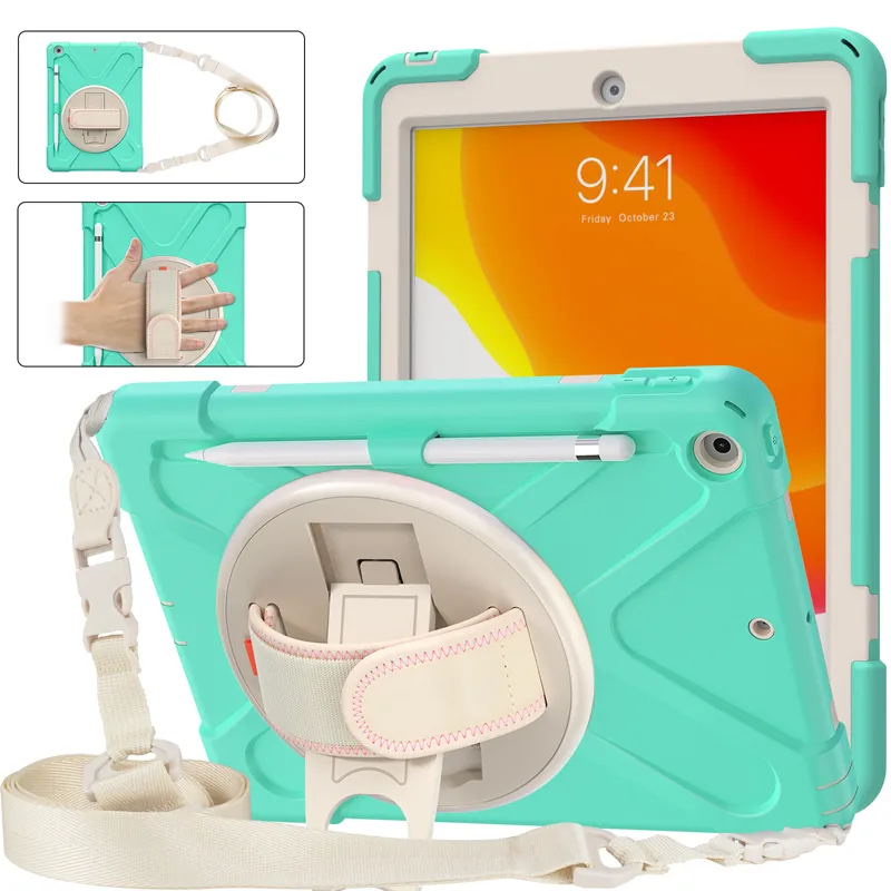 Candy Color Silicon PC Full Body Case Shock Fast Hybrid Robot Heavy Duty Kids Safe Robust Med Handtag Grip Stand Pencil Holder Bärrem för iPad 7 8 10.2