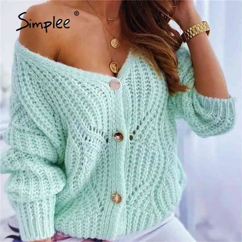 Oversized Off Shoulder Green Cardigan Dames Casual Lange Mouw Sweater Herfst Losse Button Elastische Mode Tops 210914