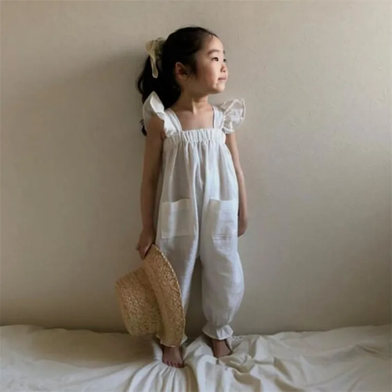 Summer girls casual flying sleeve lace pocket overalls toddler baby girl romper 210702