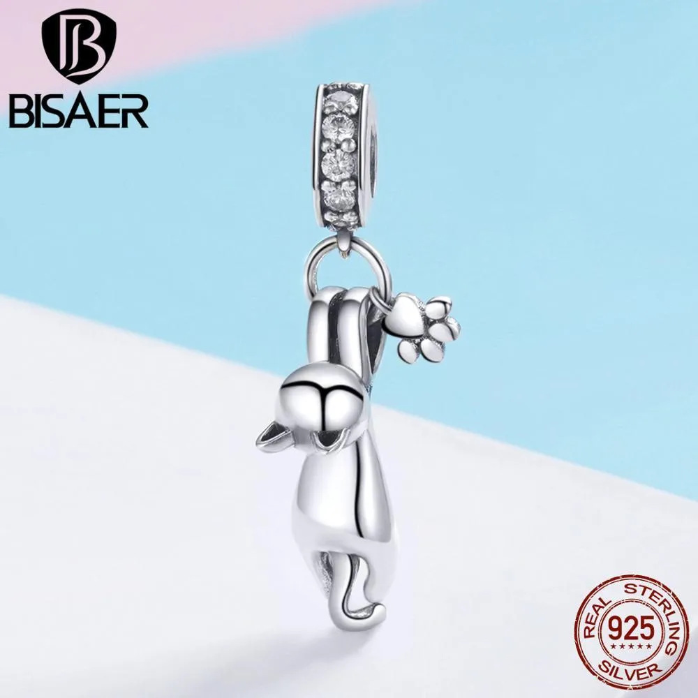 BISAER 925 Ayar Gümüş Moda Kedi Pussy Footprints Charms Boncuk Fit Bilezikler DIY Takı Yapımı Gümüş 925 Takı ECC930 Q0531