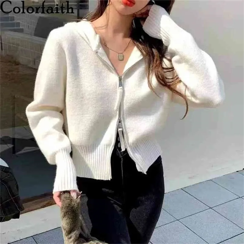 Colorfaith Winter Spring Pulls pour femmes Cardigans courts Zipper Capuche Épaissir Tricoté Wild Korean Lady Top SWC1237JX 210806