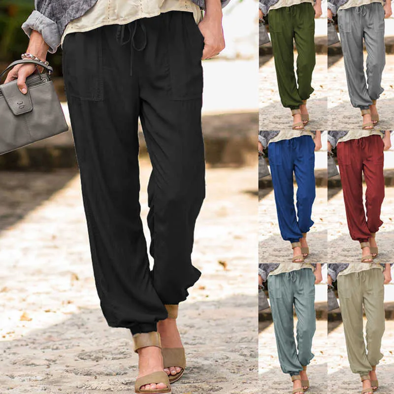 Moda damska bawełniana lniana sznurek luźne spodnie szerokokrajowe wiosna jesień szlachetny temperament długi spodnie z kieszeni q0801