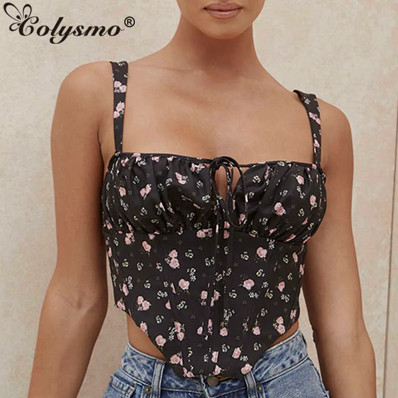 Colysmo Estate Senza Maniche Corsetto Top Donna Sexy Boning Increspato Tie Up Floreale Nero Crop Top Stampa Canotta Casual Streetwear 210527