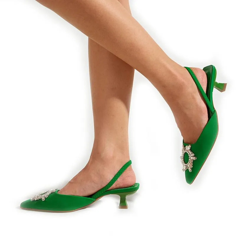 Dress Shoes Sparkle Rhinestone Buckle Décor Mules Pointed Toe Kitten Heel Pumps Women Backless Low-heeled Party Size 35-41 Green Color