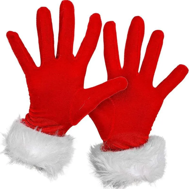 Fem fingrar handskar julskelett röd päls kostym sammet med vit furry manschett tillbehör till kostymer kvinnor och barn