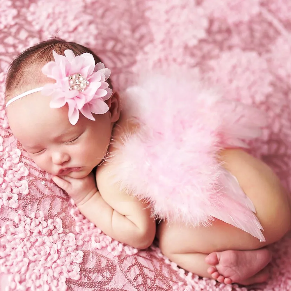 Baby Angel Wing + шифон кружевной эластичный цветок повязки повязки повязки прививки набор новорожденных довольно розовый белый костюм перья фотография повязки BAW01