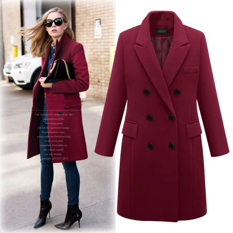 Automne Hiver Manteau Femmes Droite Long Manteau Laine Mélange Veste Élégante Bourgogne Noir Veste Bureau Lady Manteau MK-343 210218