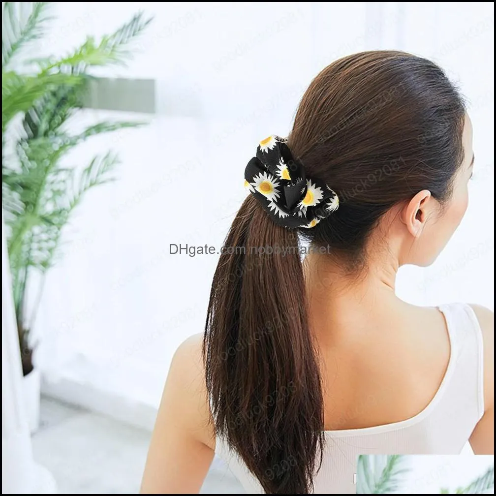 Cute Chiffon Scrunchies Women Daisy Floral Scrunchie Elastic Hair Bands Girls Rubber Hair Ties Ponytail Holder Hair Accessories