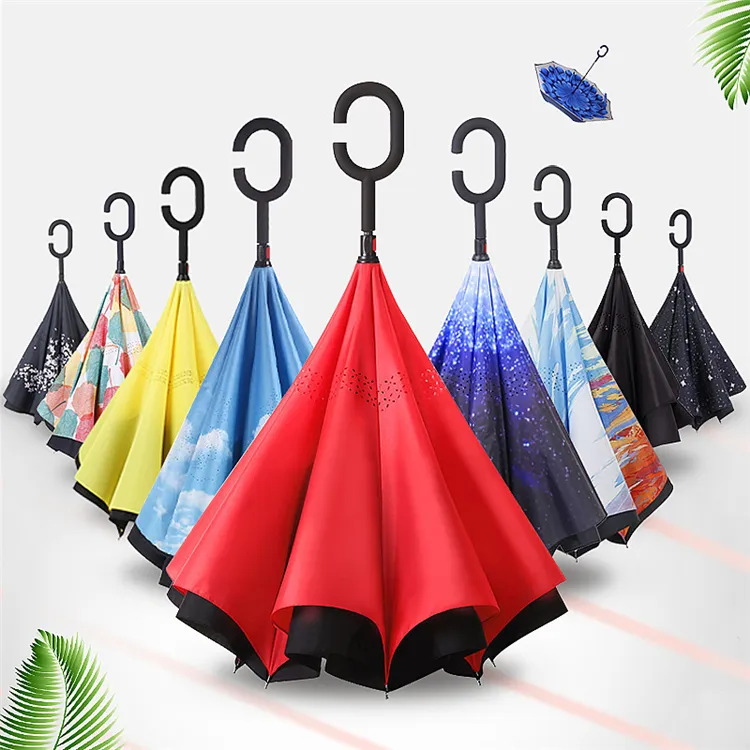 Home latest high quality and low price windproof anti-umbrella folding double-layer inverted umbrellas self-reversing rainproof C-type hook hand ZC656