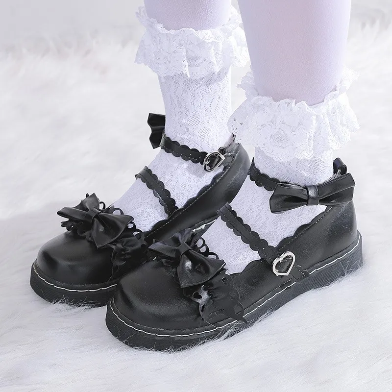 Printemps automne Lolita chaussures papillon noeud filles chaussures bout rond Mary Jane chaussures femmes appartements bride à la cheville dames noir 8210N