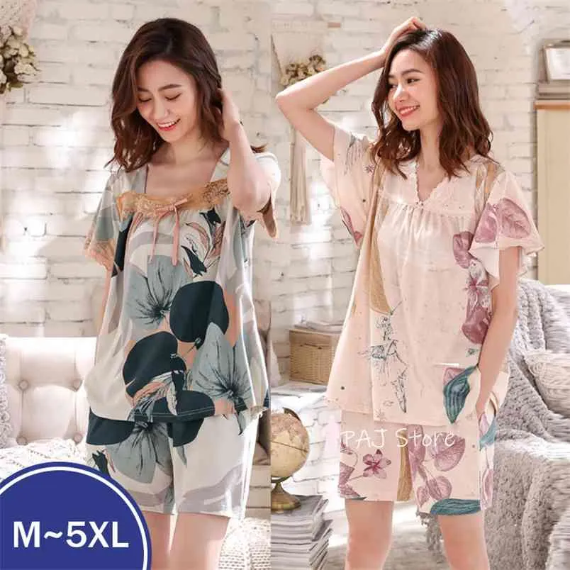 Large Size 5XL Cotton Pyjamas Women's Short Pajamas Summer Sleepwear Adult Female Home Clothes Nightie Two Piece Set 210830