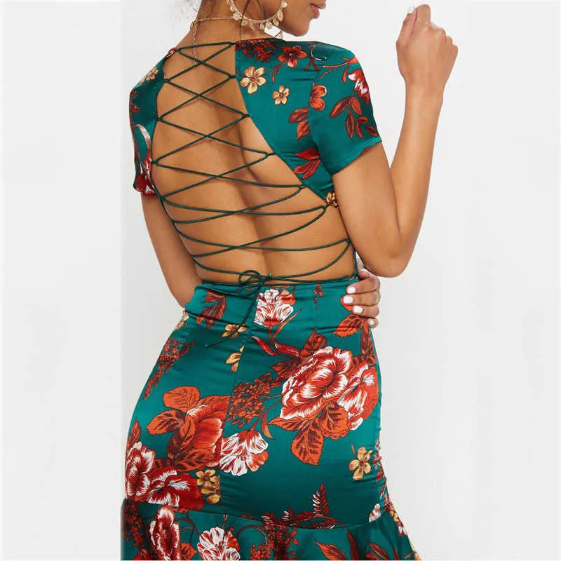 Green Flora Print Frill Hem Shift Floral Wrap Dress for Women Green Flora Print Frill Hem Shift Floral Wrap Dress for Women