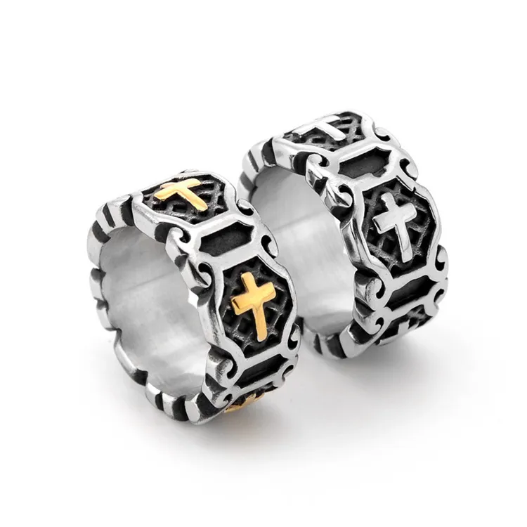 Haiteng Jewelry 316 التيتانيوم الصلب كراون القرون الوسطى الصليب خاتم الرجال شخصية