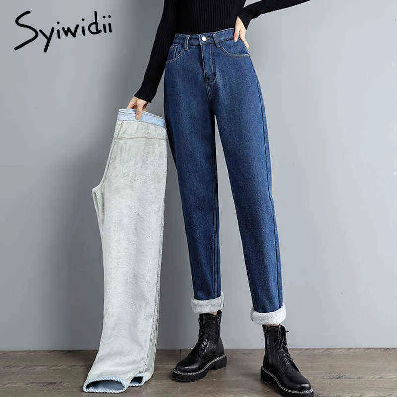 Syiwidii ​​varma jeans för kvinnor hög midja fleece falla vinter denim byxor streetwear vintage harem mamma 211129