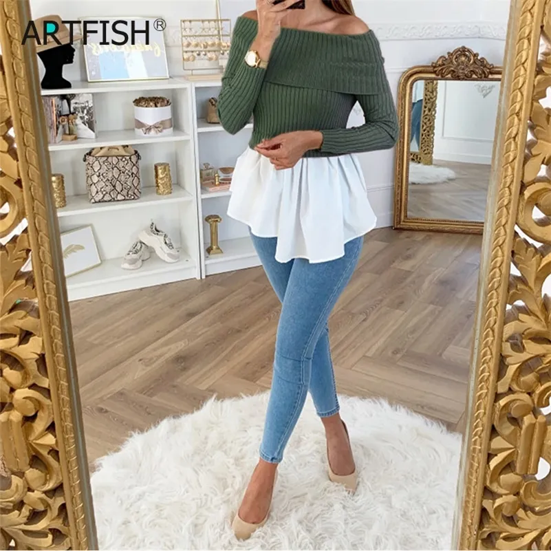 Slash Neck Jesień Dzianiny Słodkie Ruffles Peplum Topy Kobiety Off Ramię Patchwork Casual Bluzki Kobiet Blusas Koszulki 210302