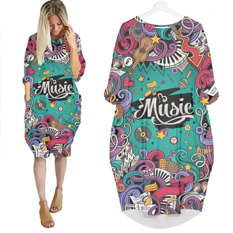 Dorywczo Suknie Jumeast Kobiety 3D Batwing Kieszonkowy Sukienka Oversized Kobiet Kreatywny Muzyka Plakat Hip Hop Sweter Summer Spódnica Nightdress