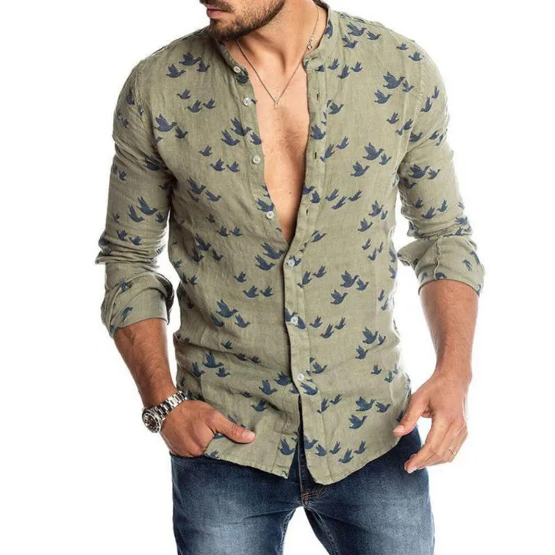 Mäns Casual Shirts 80% Vår Höst Män Pigeon Print Knappar Långärmad skjorta Linne Slim Top