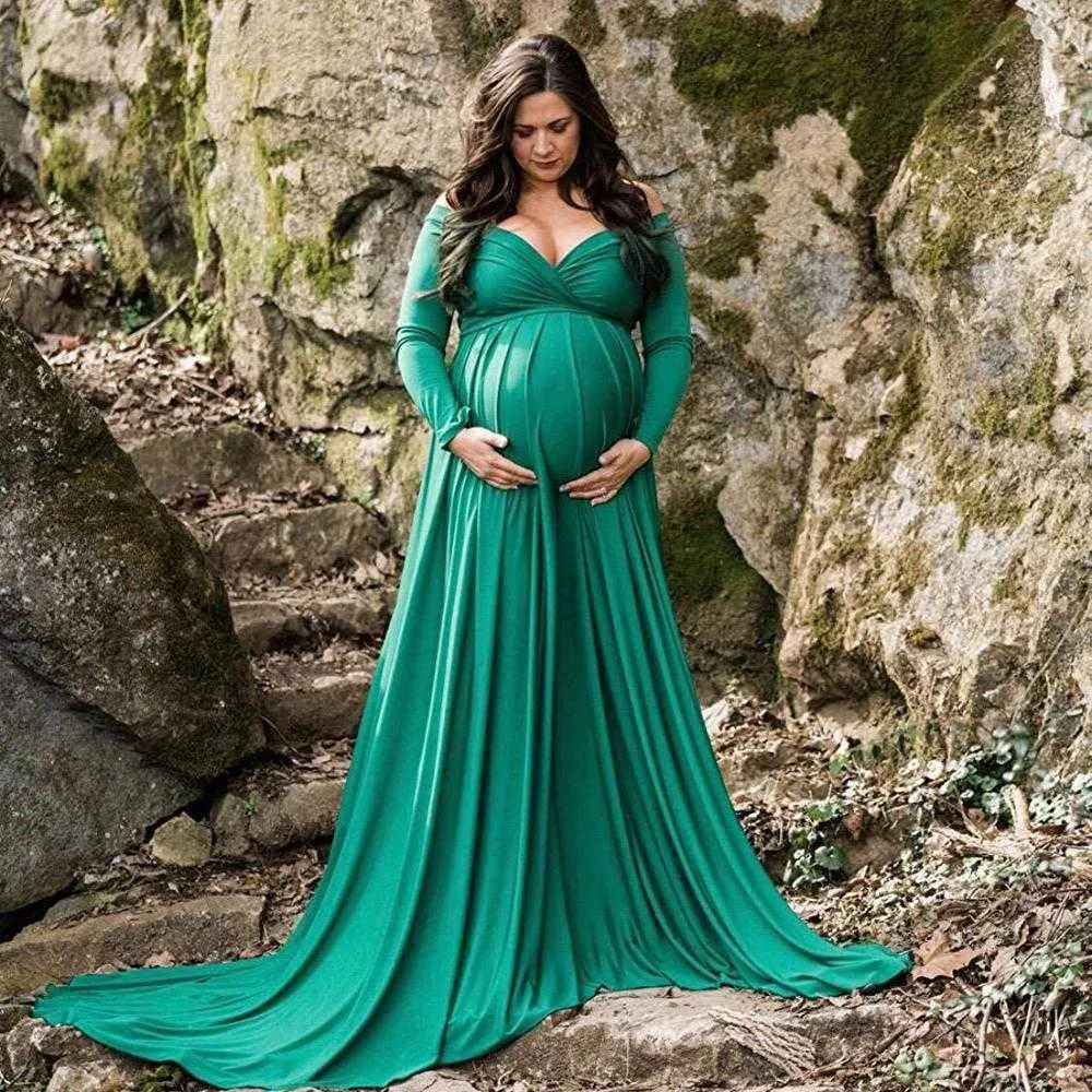 Lång klänning för gravida kvinnor Graviditetskläder Maternity Klänningar för fotografering Blå / Svart / Vit / Gul / Grön Maxi Gown x0902