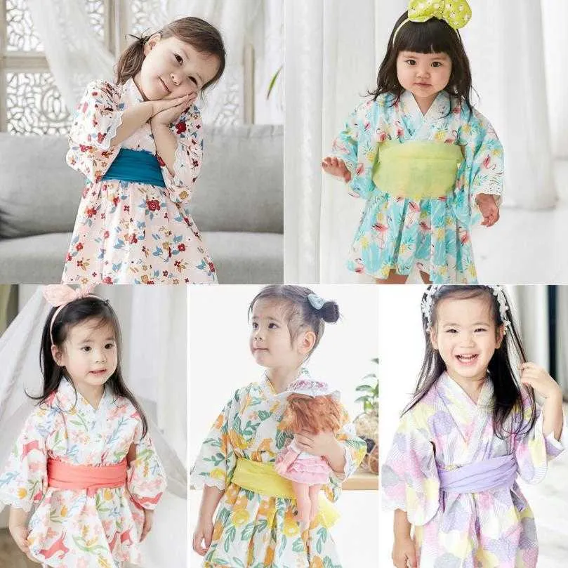 2020 Baby Girl Rompers Japanese Style Kawaii Girls Floral Print Kimono Dress for Kids costume Infant Yukata Asian Clothes Y2746 Q0716