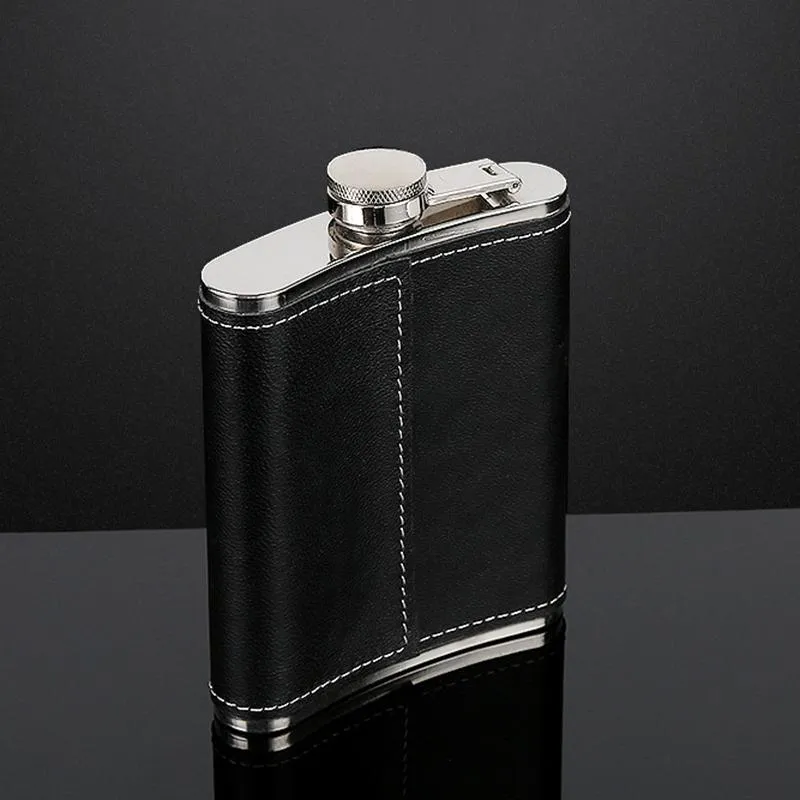 Portable Pocket Stainless Steel Hip Flask Flagon Whiskey Wine Pot PU Leather Cover Alcohol Bottle Travel Tour Drinkware Screw Cap 7oz 8oz HY0201