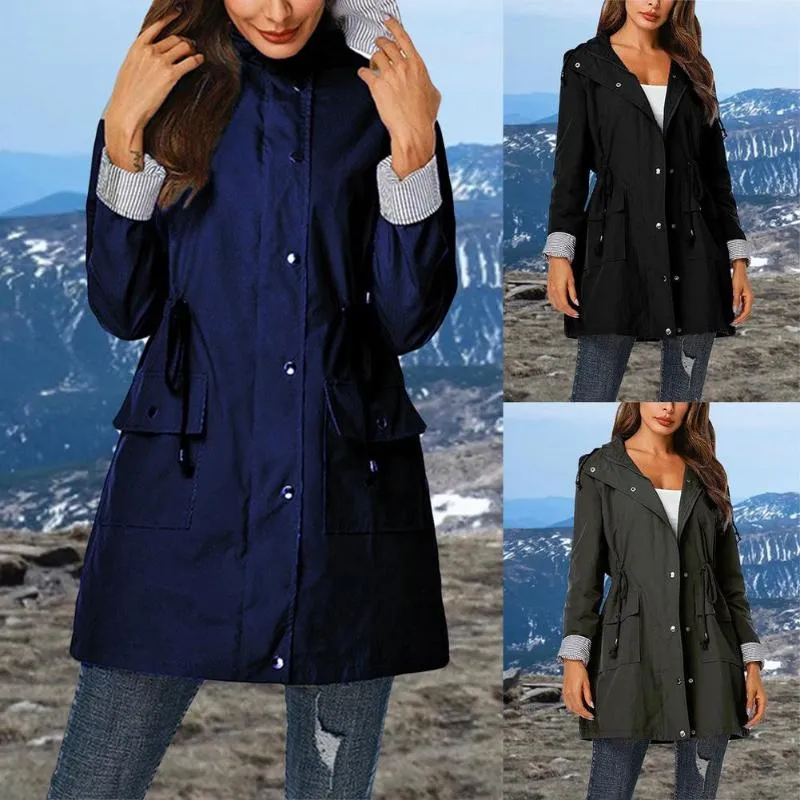 Gabardina para mujer, chaqueta de lluvia para mujer, cortavientos, chubasqueros de escalada sólidos, largos, impermeables, ligeros, con capucha y cordón para exteriores