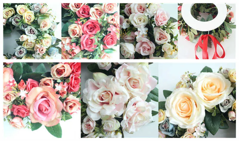 Flone Aritificial Door Knocker Simulation Silk Rose Flowers Wreath Foam Straw Garland For Wedding Home Party decoration (18)_