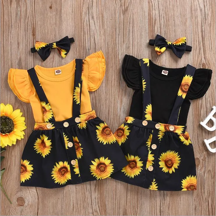 Vestiti della neonata Pagliaccetto del manicotto dell'increspatura Girasole Gonna Fascia 3 pezzi Imposta Fiore Ragazze Bretella Gonna Tute Abiti estivi per bambini 200 pezzi 5330