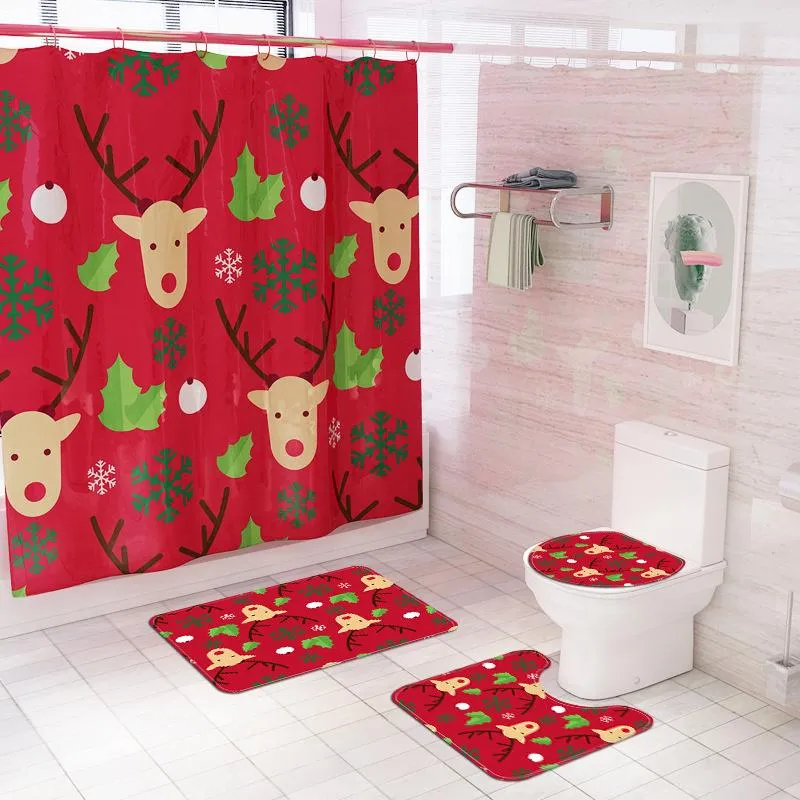 Carpets Christmas Printing Waterproof Household Shower Curtain Polyester Cloth Bathroom Four Piece Set