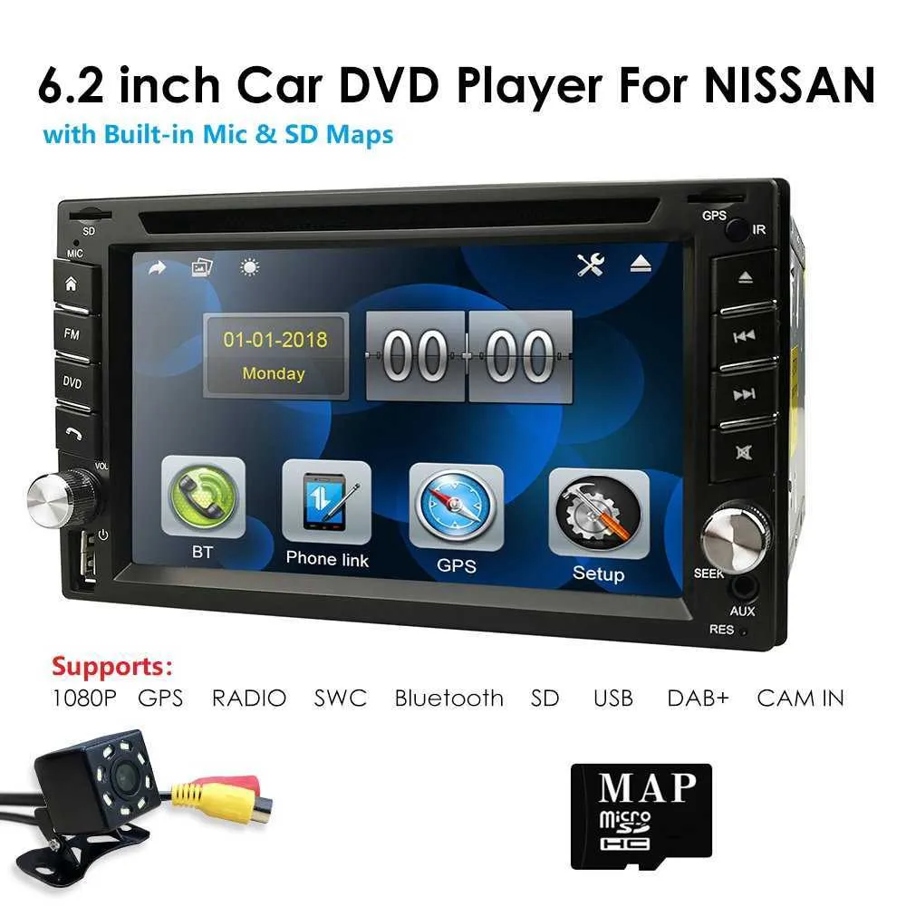 HD 6.2 "2 DINカーオーディオステレオラジオDVDプレーヤーDash GPSマップカードBT FM USB CN / AU / US / EU / PL在庫