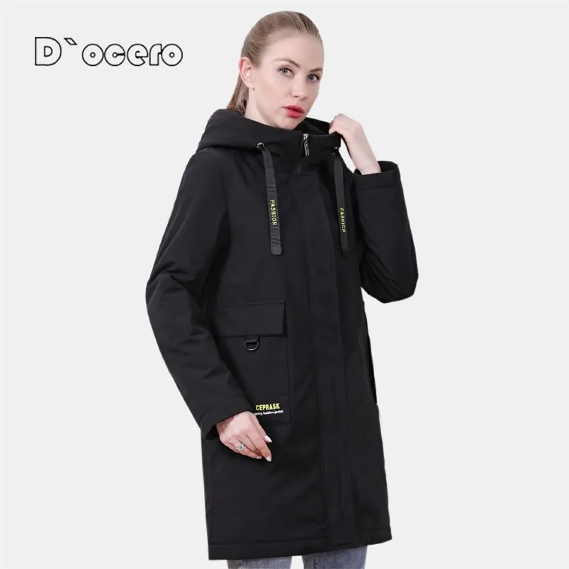 D`OCERO Spring Coat Women Fashion Thin Cotton Casual Female Jacket Autumn Windproof Parka Long Quilted Hooded Outwear 210930