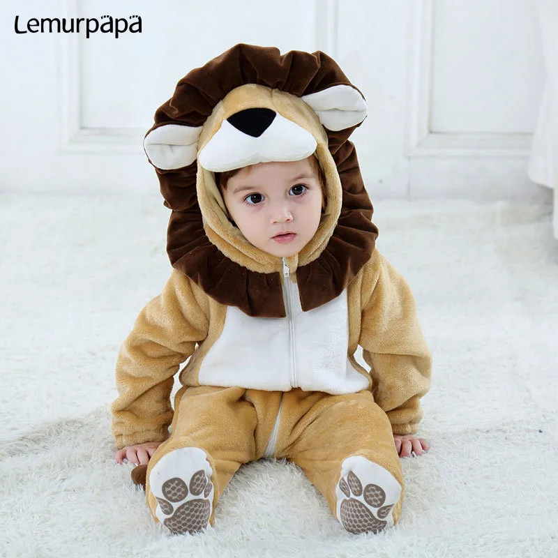 Baby Lion Onesie Animal Costume Toddler Boy Girl Långärmad Romper Rolig Söt Varm Kläder Barn Kid 0-3 år Spädbarn Kigurumis 210226