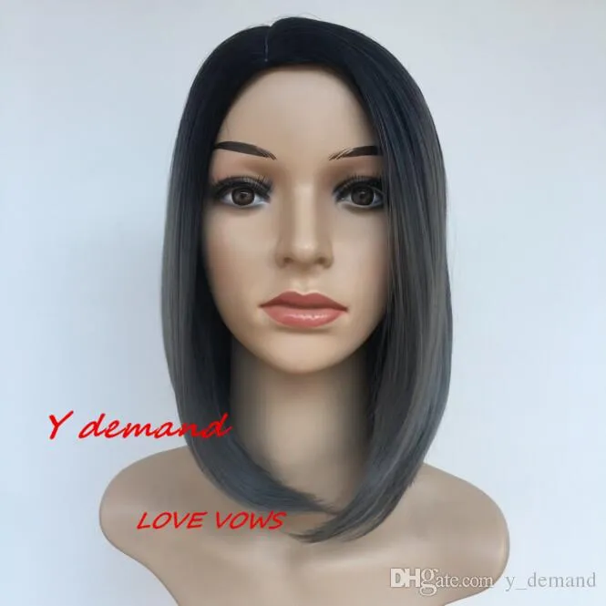 12inch Fashion New Straight Short Ombre Grey Wig Simulation Brazilian Human Hair Full Wig For Black Women Y demand