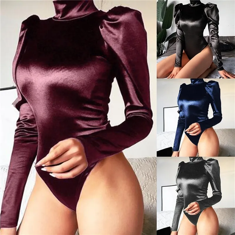 Femmes Sexy Casual Tache Turtleneck Long Puff Sleeve Body Tops Noir Côtelé Femme Fashion Party Short Romper Body 210309