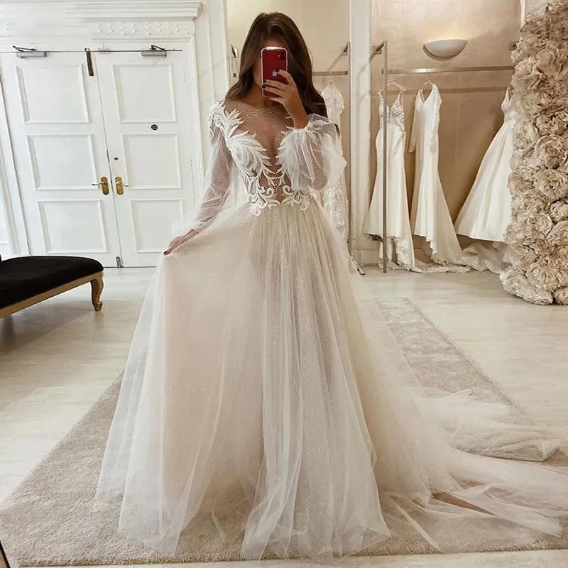 Spitze Brautkleider 2021 Lange Puffärmel Applikationen A-Linie Brautkleid Prinzessin Hochzeitskleid Lange Puffärmel Robe de Mariee