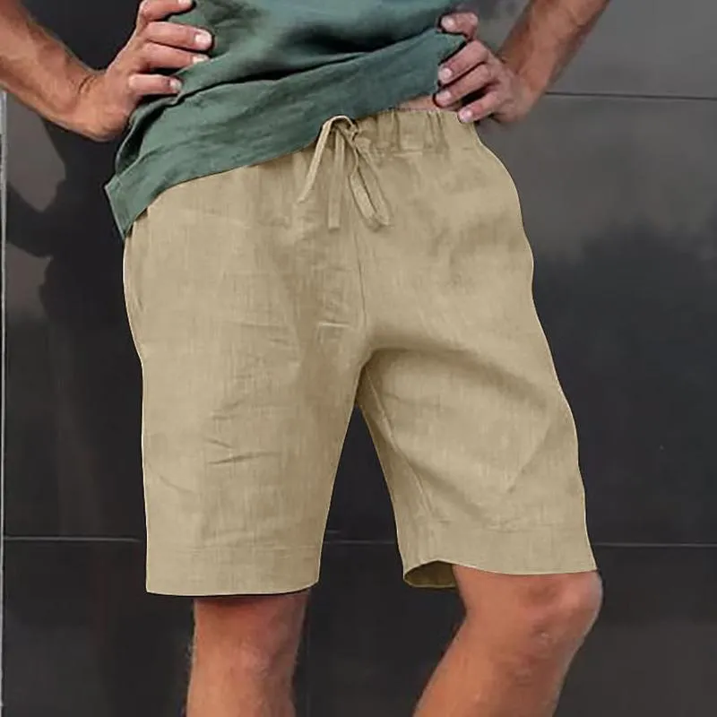 Mäns shorts sommar män solid linne knä längd byxor plus storlek bandage fickor lös kausal strand