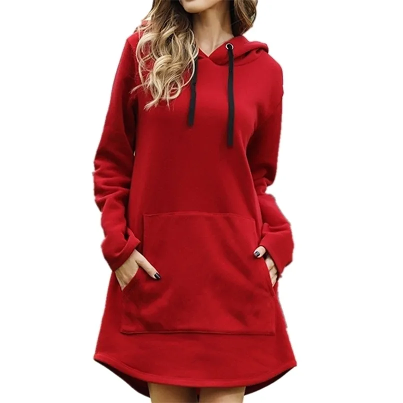 여성 느슨한 긴 까마귀 솔리드 레드 스웨터 후드 패션 캐주얼 가을 주머니 Drawstring 긴 소매 스웨터 드레스 여성 211104