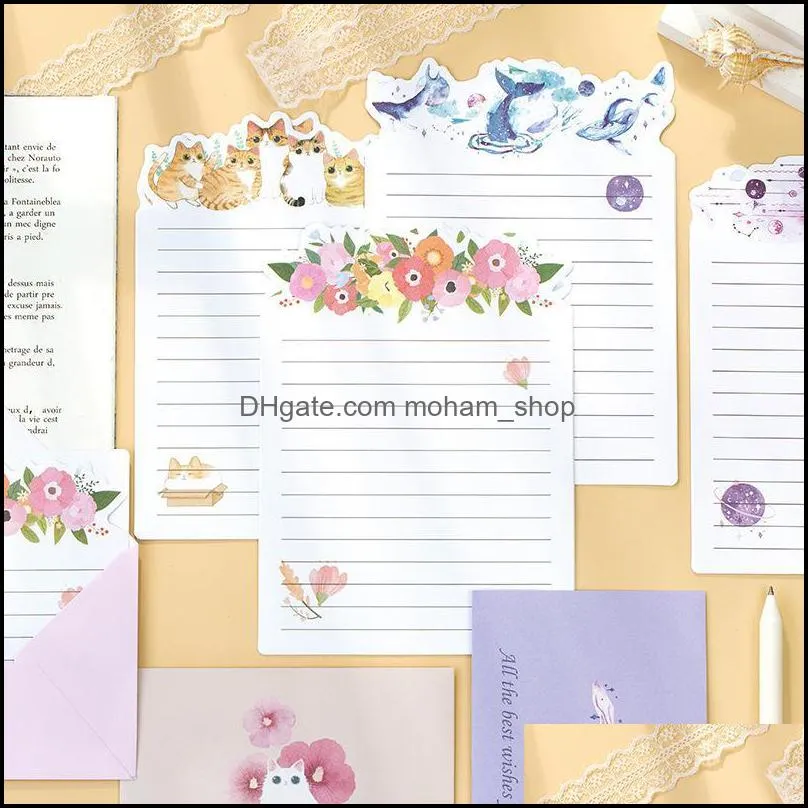 Gift Wrap 9 Pcs/Set 3 Envelopes + 6 Letter Papers Cat Planet Flowers Writing Paper Envelope Set Stationery