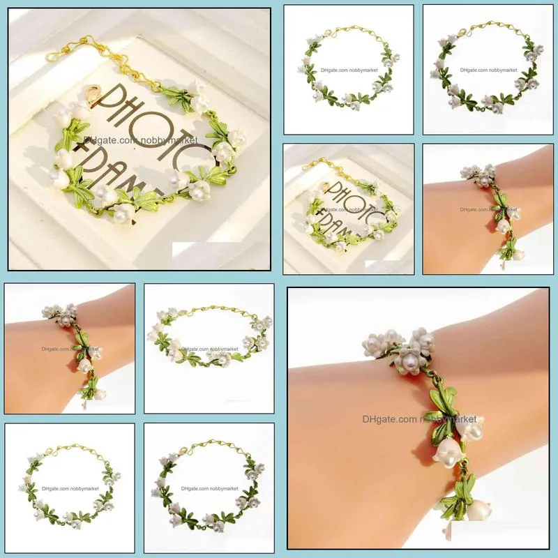 Jewelry baked lacquer alloy half hole pearl Valley lily leaf anchor same female bracelet