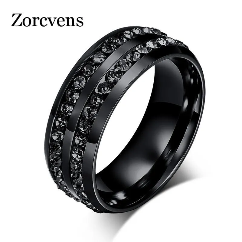 Кластерные кольца Modyle высокое качество мужской панк винтаж черный нержавеющая сталь ювелирных изделий два ряда CZ каменное обручальное кольцо для человека женщина