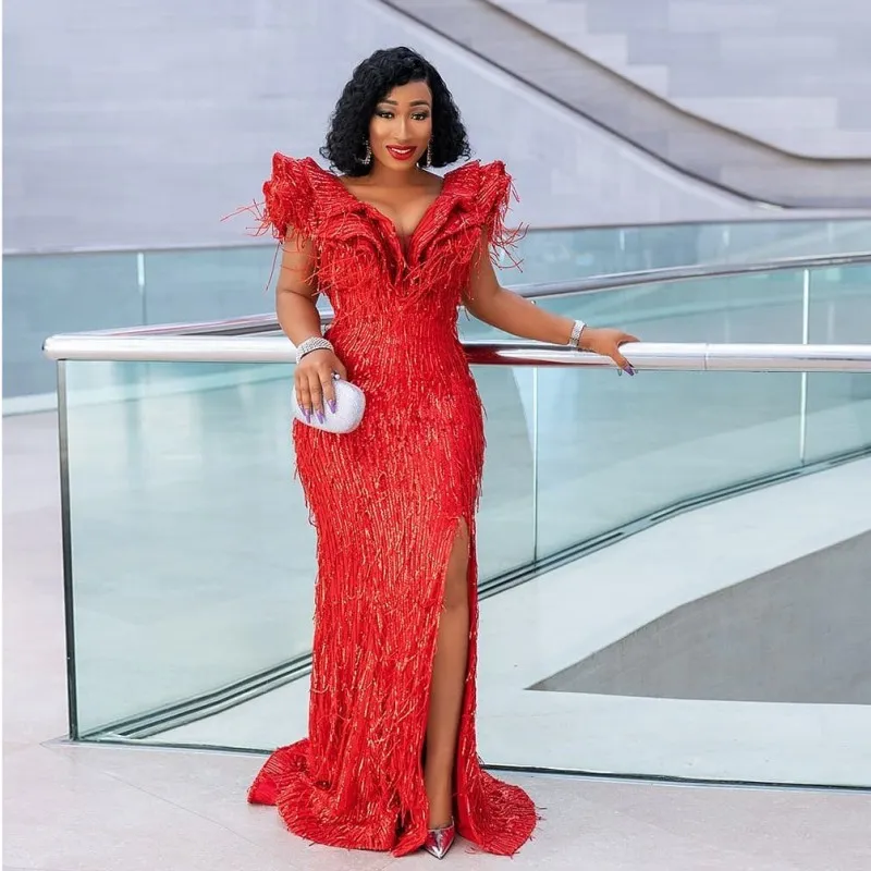 Red African Lace Prom Dresses With Deep V Neck Cap Sleeves Mermaid