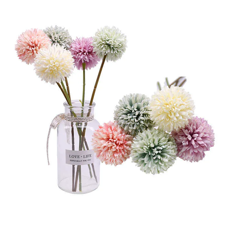 1-5pcs fiore di tarassaco palla simulazione strada piombo fiore artificiale decorazione della casa bouquet da sposa muro fiore finto decorazione di seta Y0630