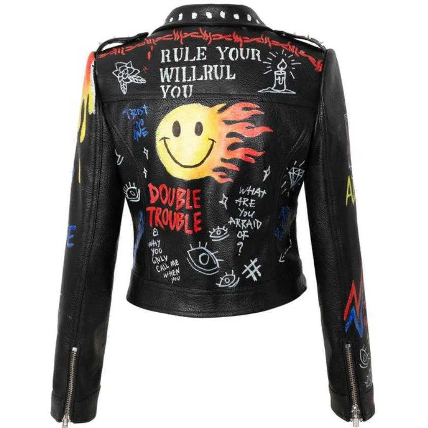 Colorful Graffiti Rivet Beading PU Leather Short Jackets For Women For Women PUNK Streetwear Biker Coat 210922 From Xue01 68.78 DHgate.Com