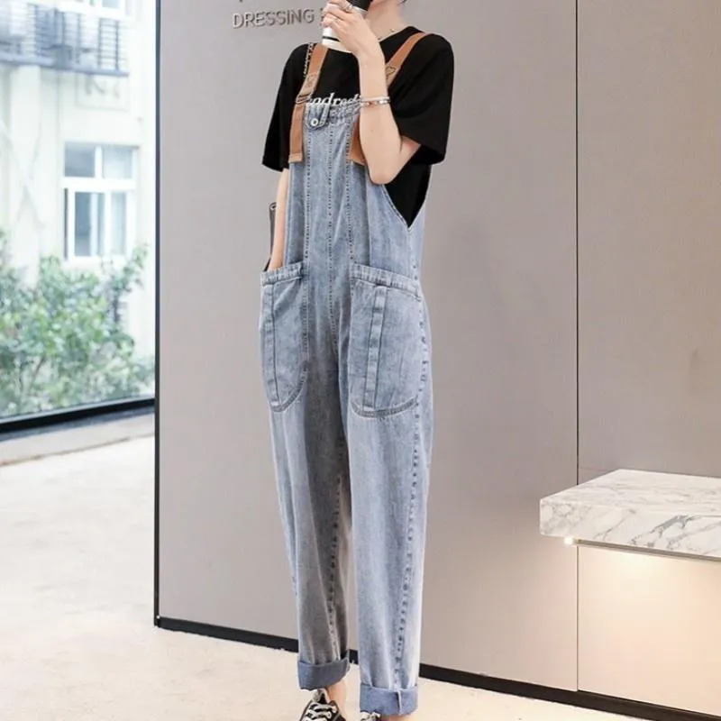 Women's Jeans Boyfriend Style Women Loose Fit Long Overalls Strap Pocket Casual Streetwear Female Denim Bib Pants Cargo Jumpsuit